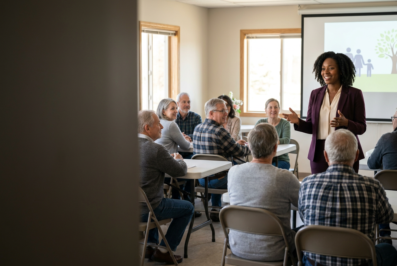 A Black woman attorney giving a welcoming estate planning presentation to community members